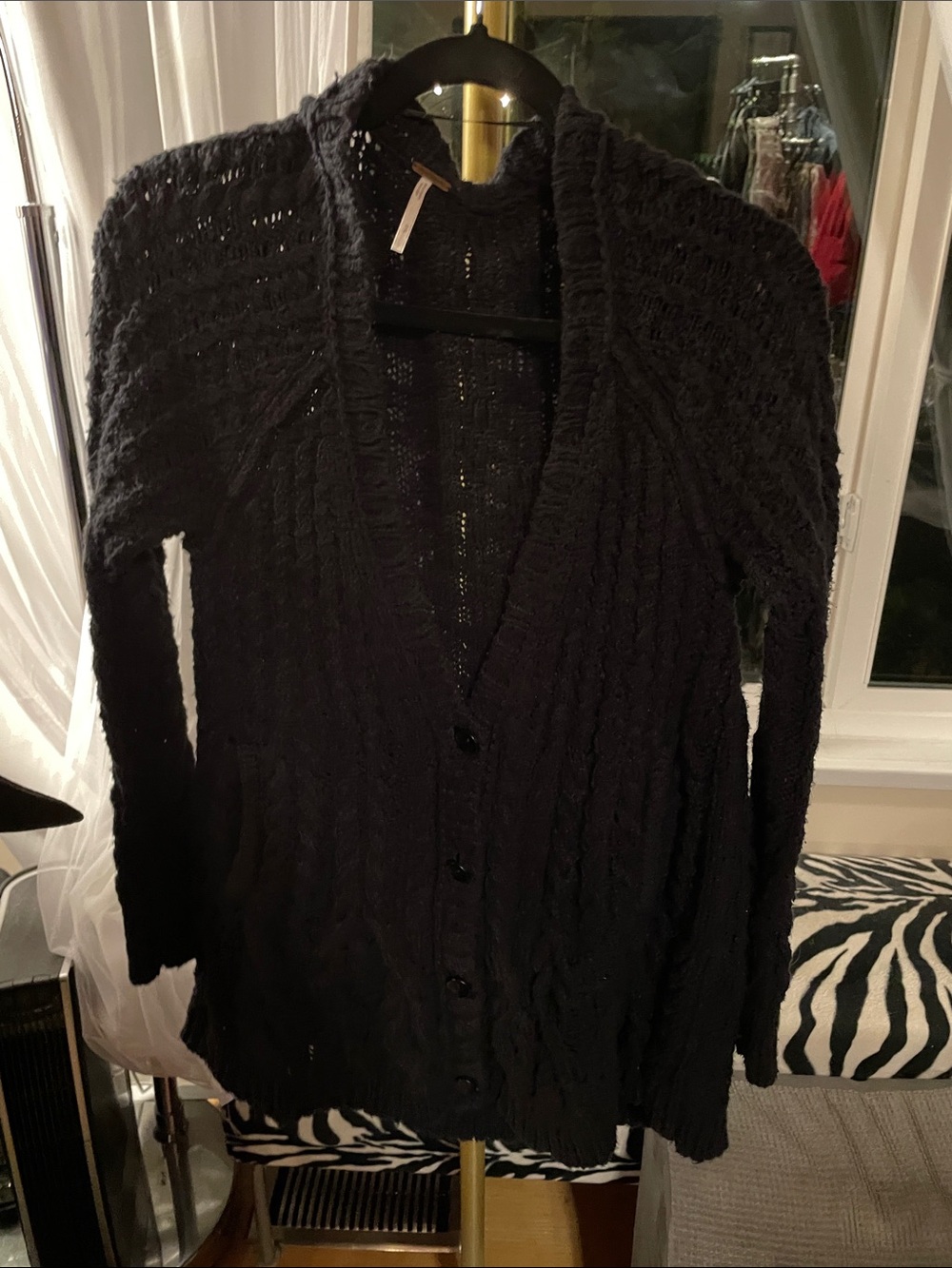 Free People Black Cable Knit Button-Front Cardigan